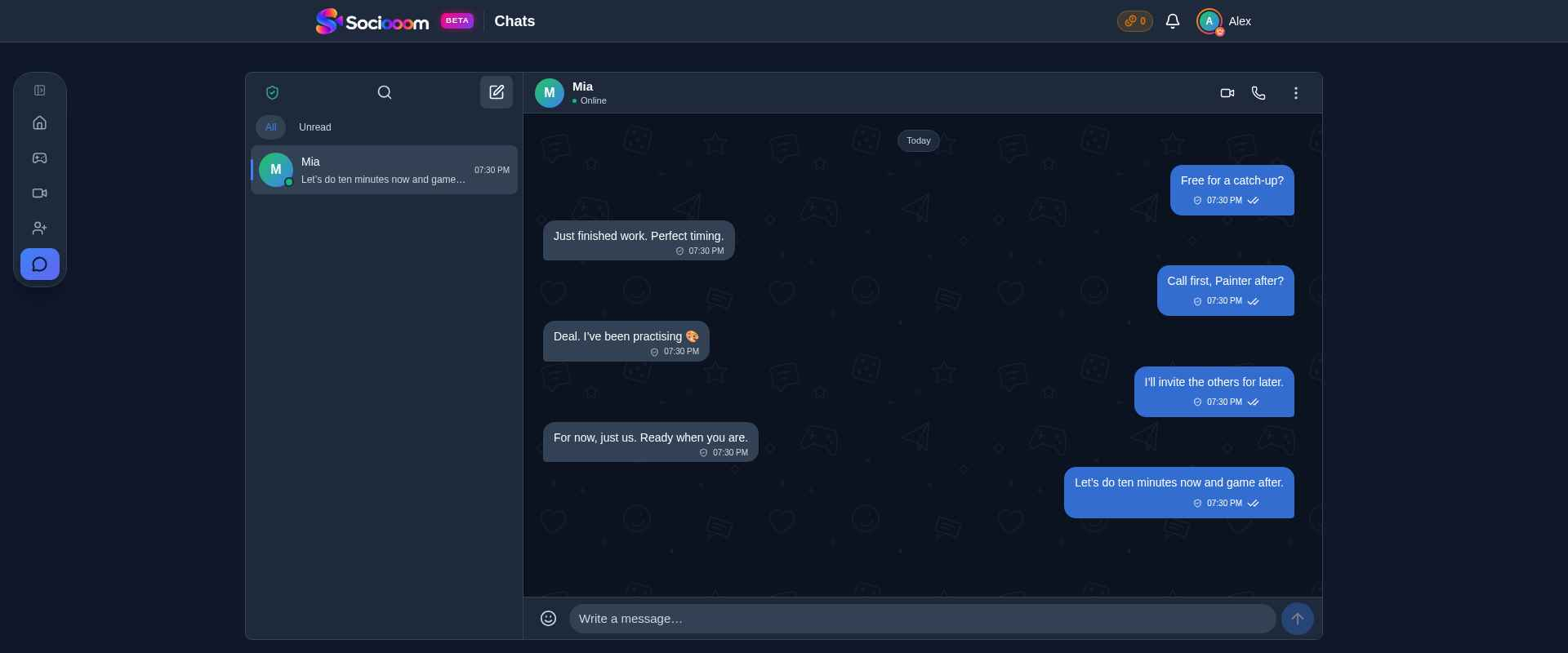 Actual Sociooom messenger with a demo conversation between Alex and Mia.