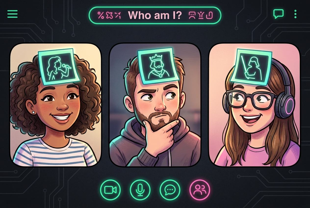 Who Am I? word stuck on each player's forehead